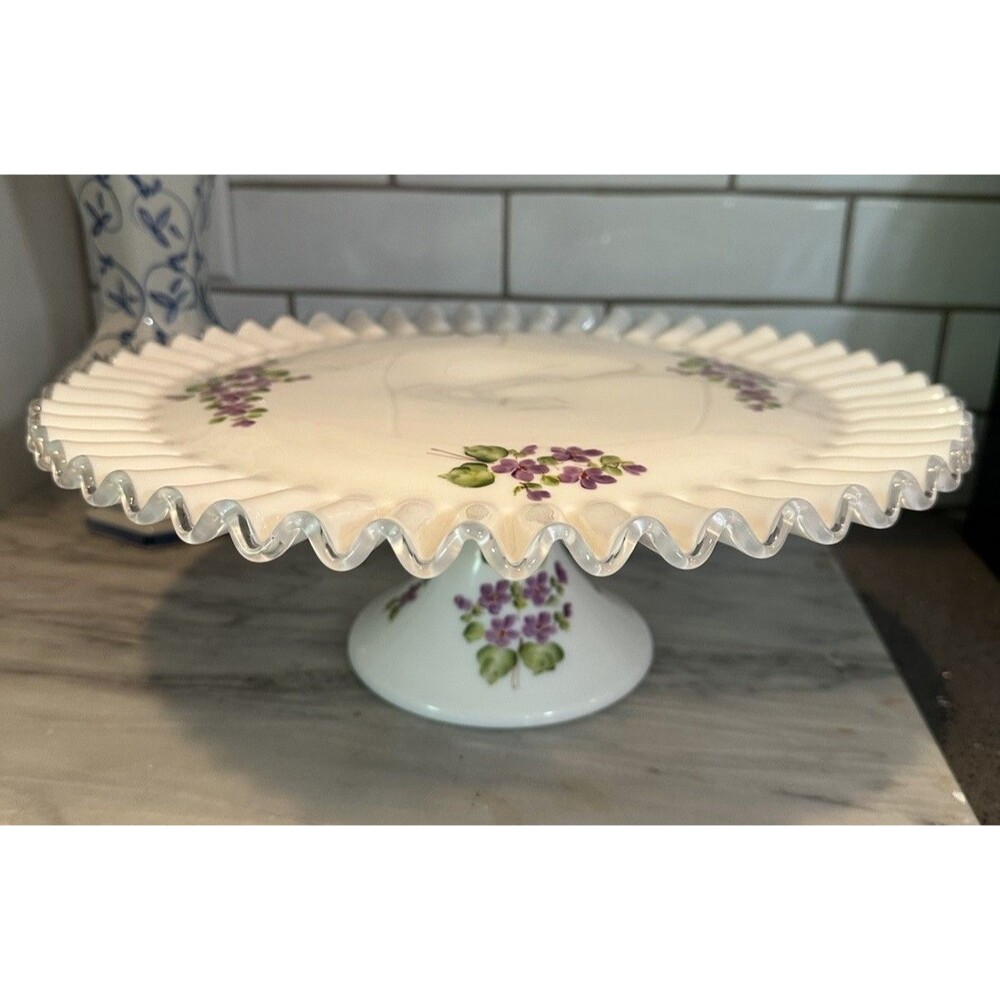 FENTON 'Violets in the Snow' footed Cake plate Stand SILVER CREST Hand-Painted